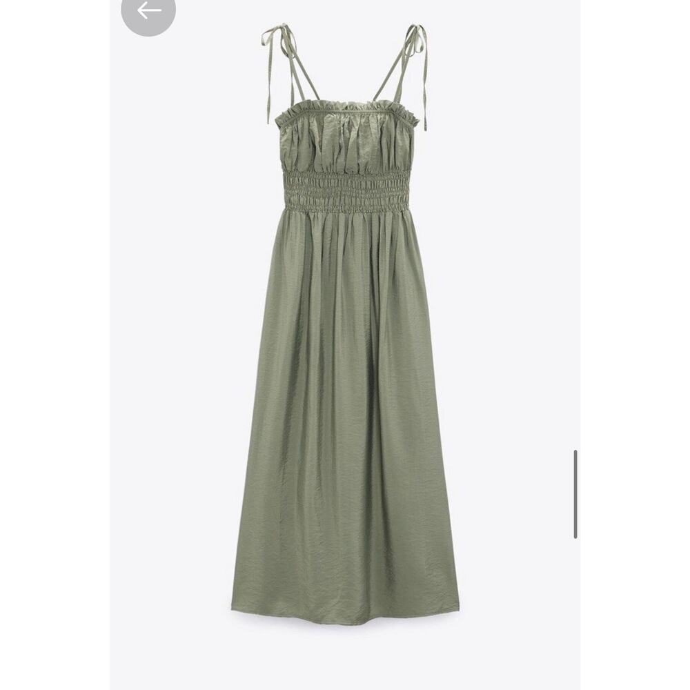 Zara Green Open Elastic Ruffle Back Spaghetti Strap Midi Dress - Picture 11 of 13